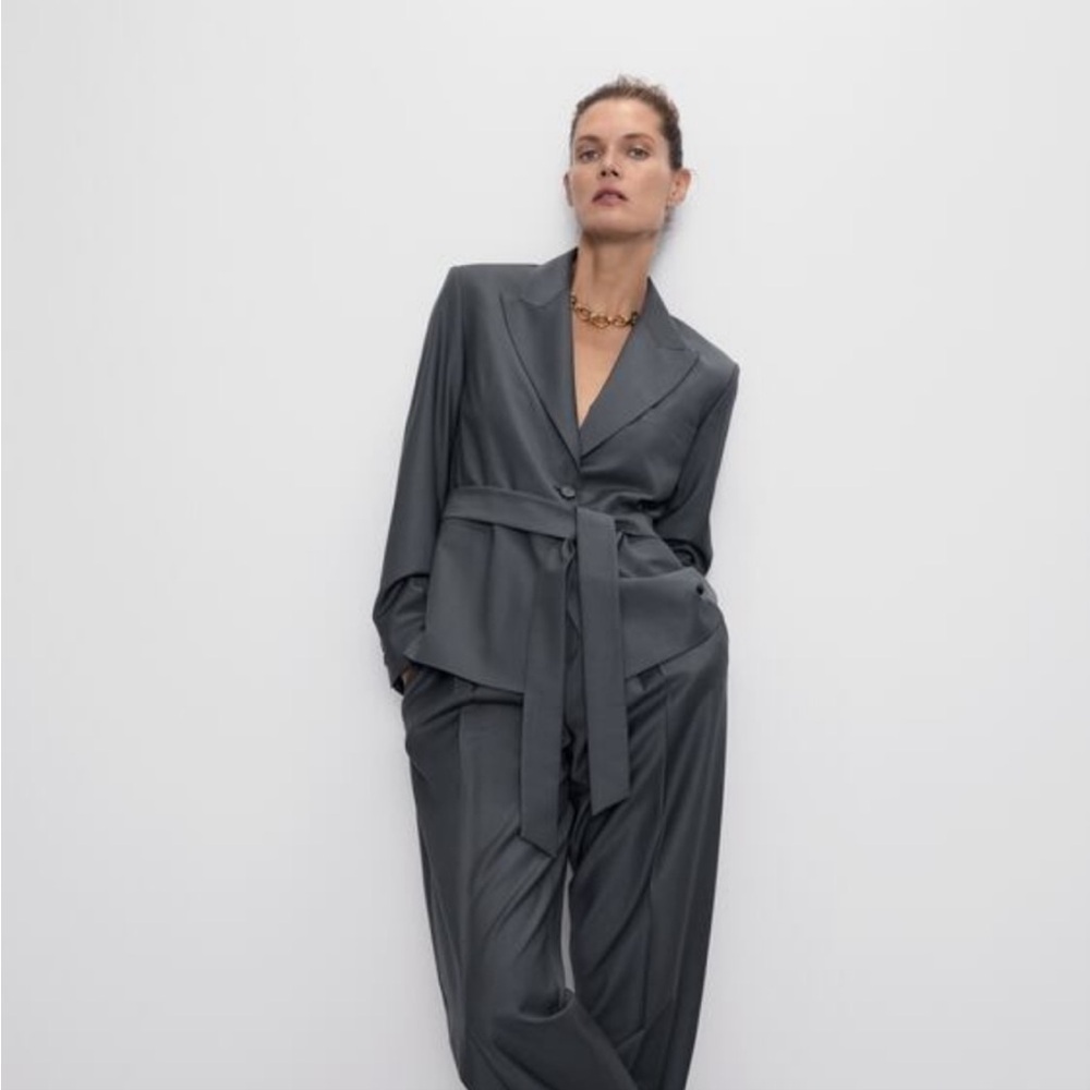 Zara wool blend belted gray blazer